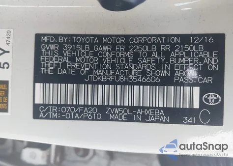 2017 Toyota Prius Two z USA, uszkodzony, nr VIN JTDKBRFU8H3546606